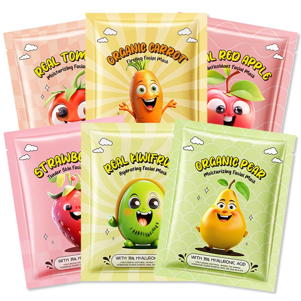 Kaely 10 Pack Fruit Face Masks for Kids, Spa Party Facial Mask Skincare Set, Sheet Masks Skin Care, Moisturize Brighten Soothe for All Skin Types, Christmas Birthday Gifts for Women Men Girls, 01