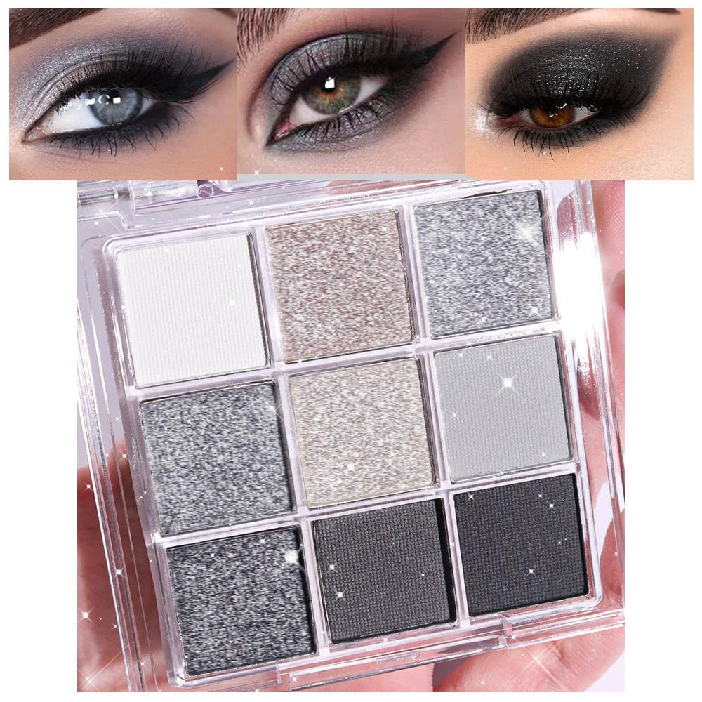 evpct 9 Colors Black Smokey Grey Gray Silver Glitter Shimmer Eye Shadow Makeup Palette Highly Pigmented Black Glitter Eyeshadow Makeup Palette sombra negra para ojos para ojos brillantes