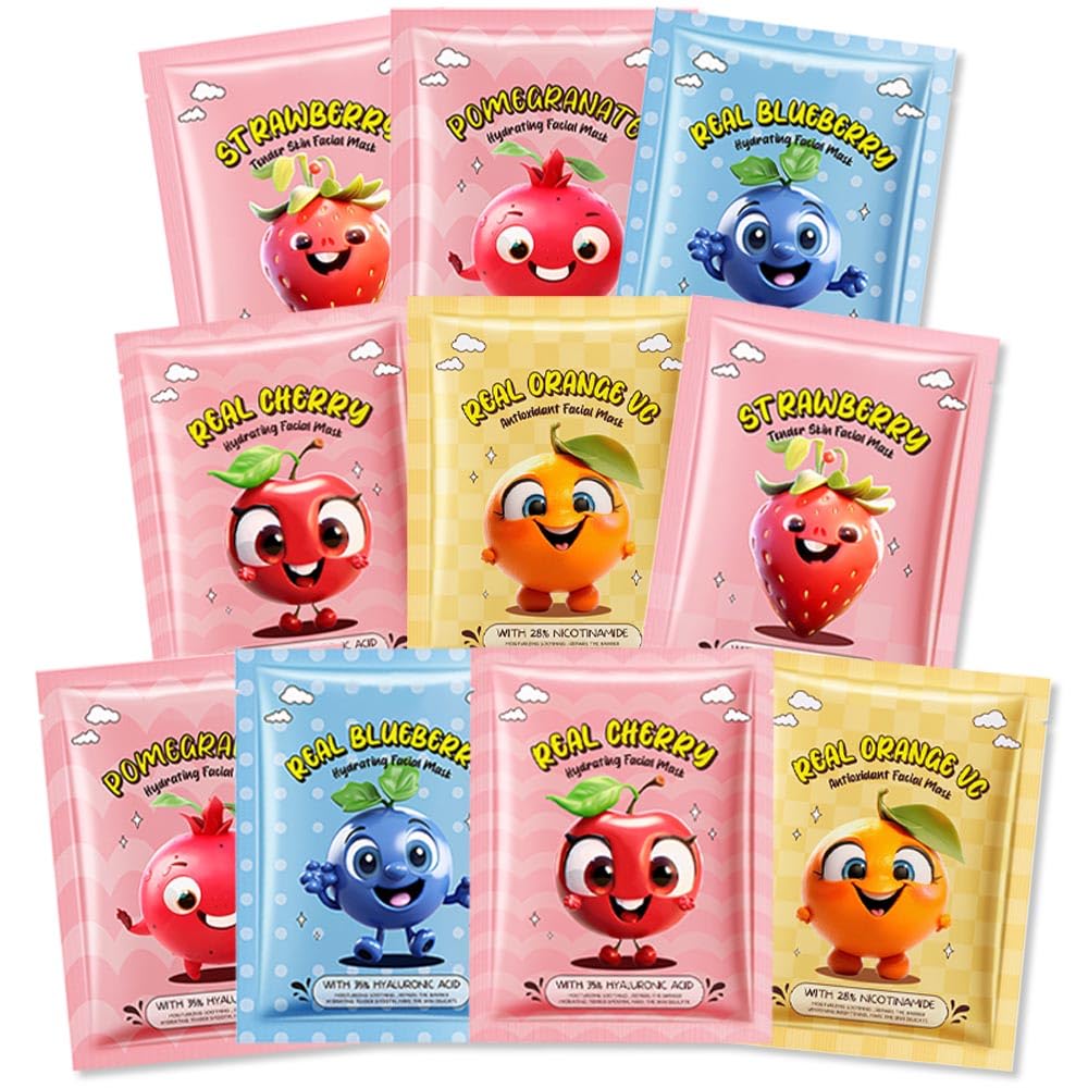 Kaely 10 Pack Fruit Face Masks for Kids, Spa Party Facial Mask Skincare Set, Sheet Masks Skin Care, Moisturize Brighten Soothe for All Skin Types, Christmas Birthday Gifts for Women Men Girls, 01