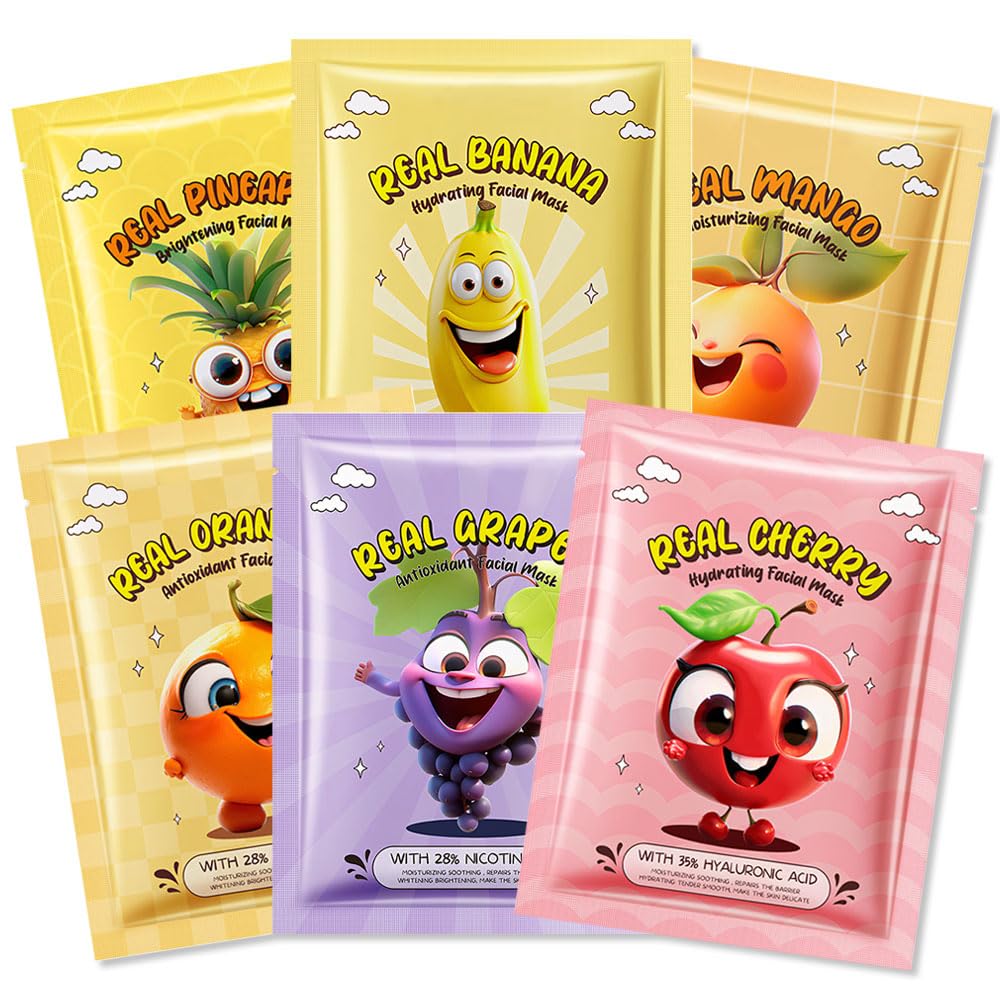 Kaely 10 Pack Fruit Face Masks for Kids, Spa Party Facial Mask Skincare Set, Sheet Masks Skin Care, Moisturize Brighten Soothe for All Skin Types, Christmas Birthday Gifts for Women Men Girls, 01