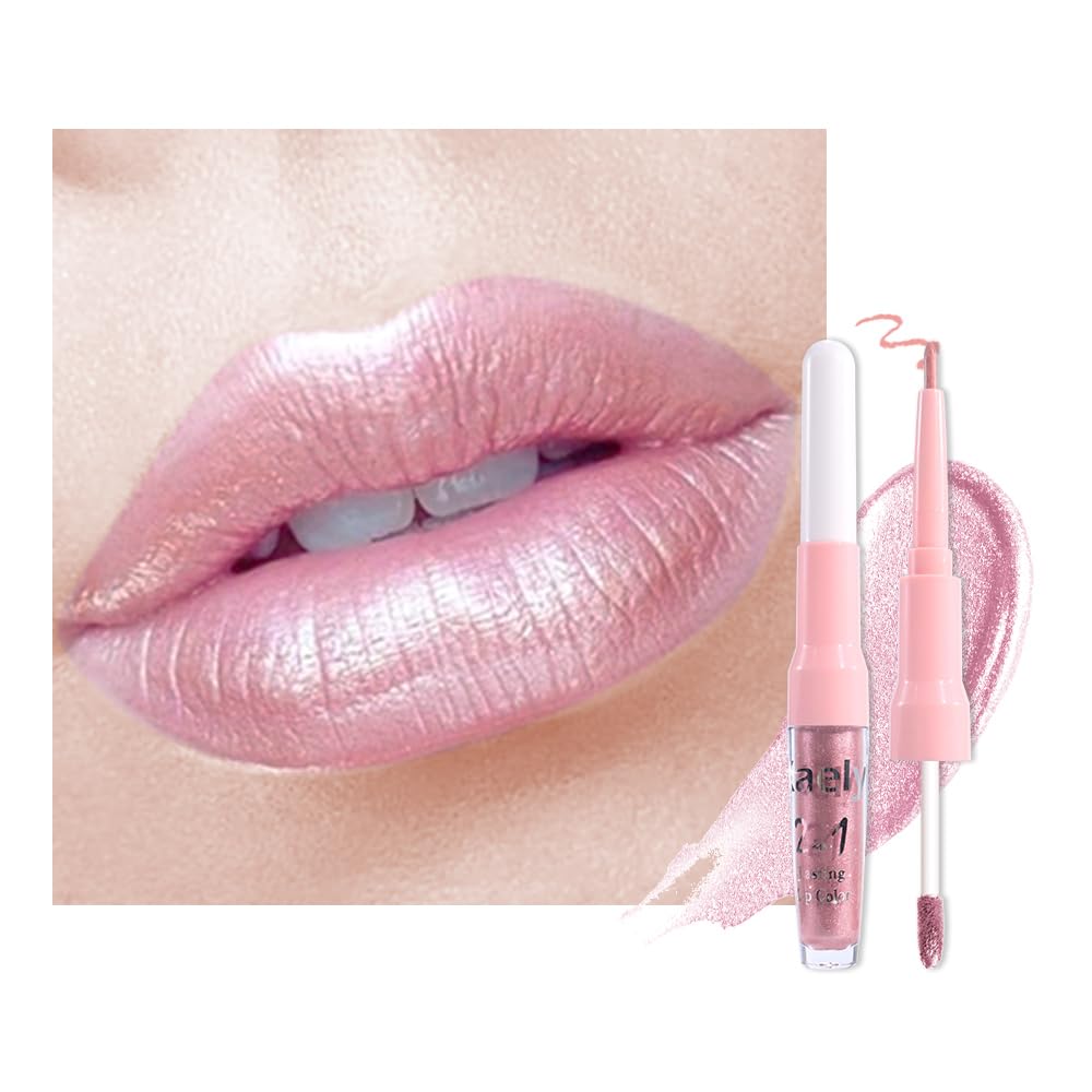 Kaely 2in1 Mauve Metallic Lipstick and Lip Liner, Shimmer Glitter Lip Gloss Long Lasting Waterproof 24 Hours, Pearlescent Sparkly Liquid Lipsticks Stain Makeup for Women, Vegan Formula