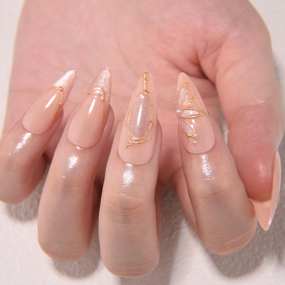 evpct Gold French Tip Press on Nails Almond Medium, Nude Pink + Gold Line Tips, Stick on Nails Medium Almond for Women, Full Cover Perfectly Fit Handmade Soft Gel Artificial Fake False Nail Kit