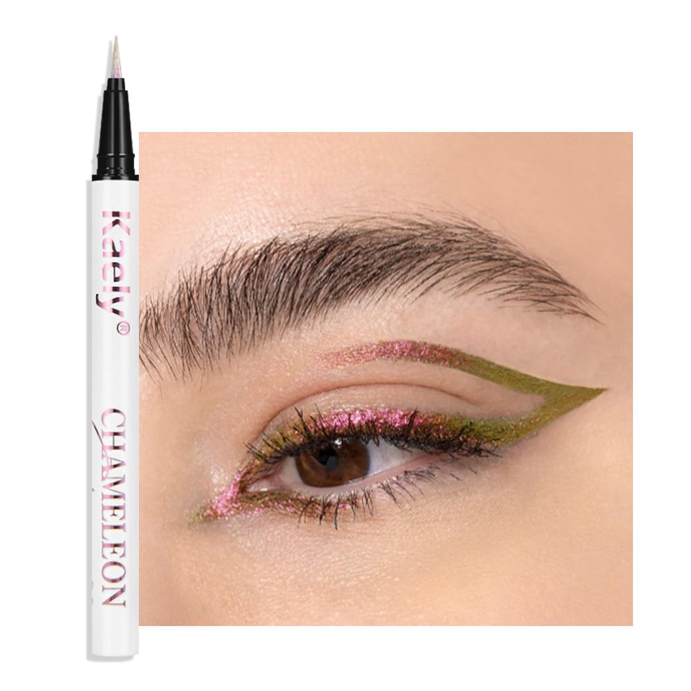 Kaely Chameleon Liquid Eyeliner, Glitter Metallic Chrome Eyeliner Liquid, Multichrome Eye Liner Waterproof Smudge Proof, High-Pigmented Makeup Looks, Quick-Drying, Cruelty-free, 02 Green