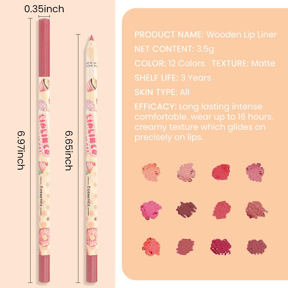 12 Pcs Natural Nude Brown Beige Colors Lip Liner Lipstick Pencils Set for Daily Makeup,Easy to Apply & Remove,Waterproof