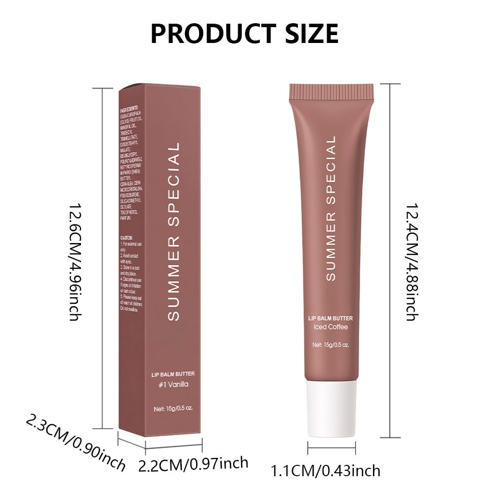4PCS Summer Ultra-Hydrating Lip Butter Balm – Natural Vegan Lip Balm for Instant Moisture, Shine & Hydration, Sheer-Tinted, Soothes & Softens Dry Lips, Taste Vanilla & Mint & lced Coffee & Cake