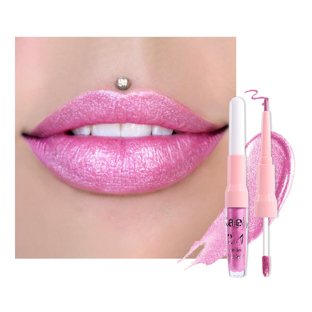 Kaely 2in1 Mauve Metallic Lipstick and Lip Liner, Shimmer Glitter Lip Gloss Long Lasting Waterproof 24 Hours, Pearlescent Sparkly Liquid Lipsticks Stain Makeup for Women, Vegan Formula