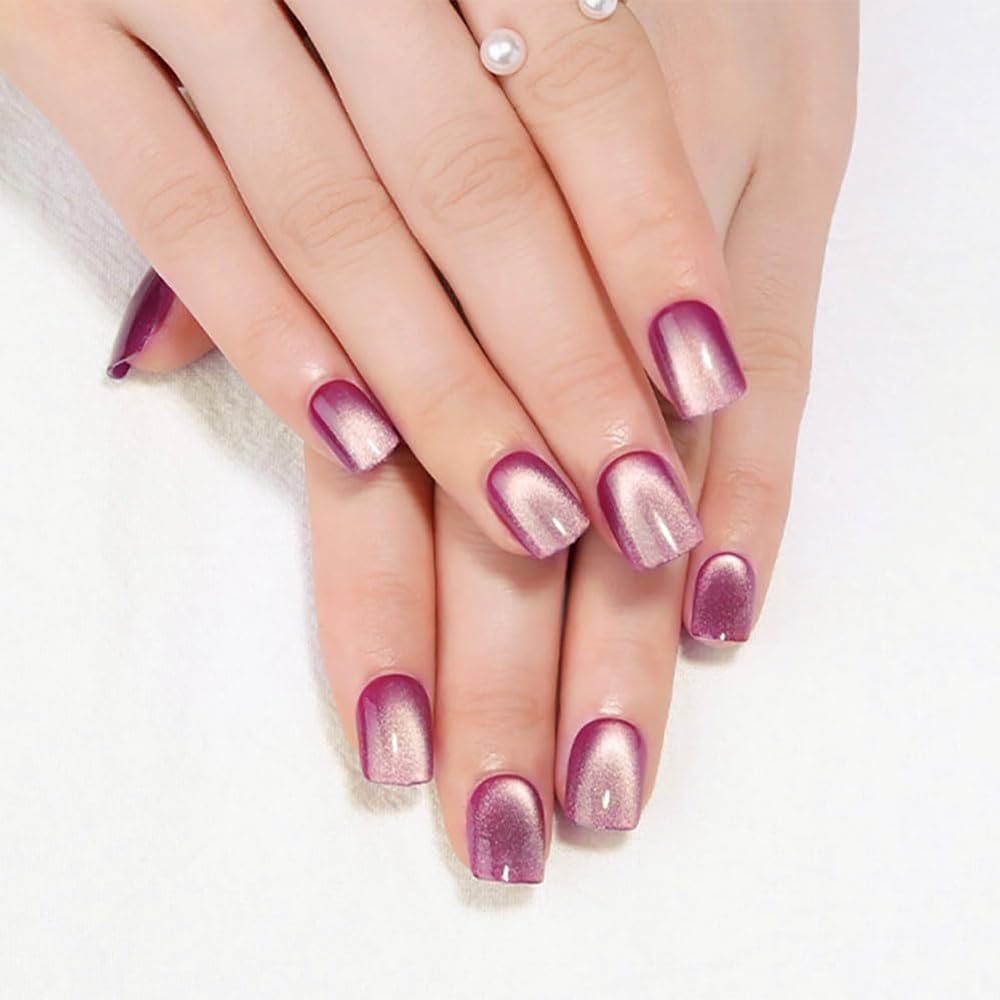 evpct Nude Cat Eye Short Press on Nails Square, Short Square Stick on Nails for Women Gift, Pearl White Metallic Glitter Glossy Reusable Spring Summer Soft Gel Press on Acrylic Fake Nail with Designs