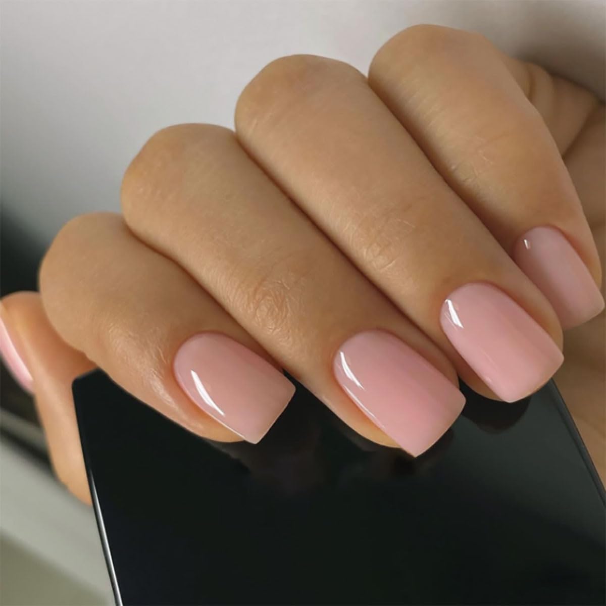 evpct Nude Cat Eye Short Press on Nails Square, Short Square Stick on Nails for Women Gift, Pearl White Metallic Glitter Glossy Reusable Spring Summer Soft Gel Press on Acrylic Fake Nail with Designs