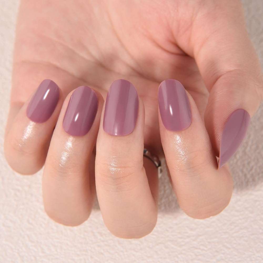 evpct Mauve Real Short Oval Press on Nails for Women, Extra Short Glossy Mauve Fake Nail Salon Quality with Nail Kit Set Kit, Soft Gel Full Cover Reusable Stick on Acrylic False Nails Perfectly Fit