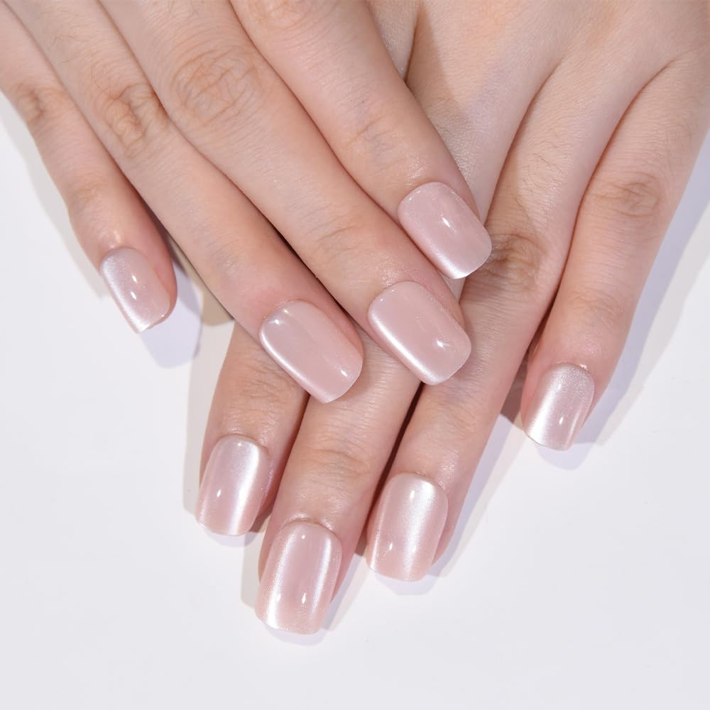 evpct Nude Cat Eye Short Press on Nails Square, Short Square Stick on Nails for Women Gift, Pearl White Metallic Glitter Glossy Reusable Spring Summer Soft Gel Press on Acrylic Fake Nail with Designs