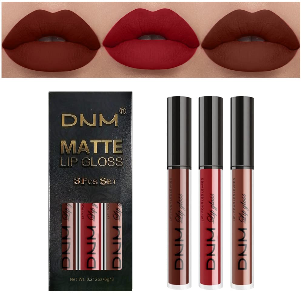 evpct DNM 3Pcs Dark Ruby Fire Red Matte Liquid Lipstick Lip Stain Lipgloss sets for Women 24 Hour Red Matte Lipstick Long Lasting Smudge Proof