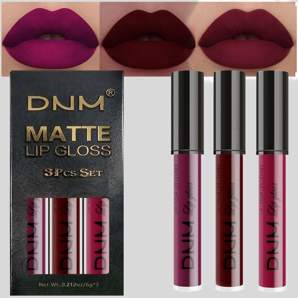 evpct DNM 3Pcs Dark Ruby Fire Red Matte Liquid Lipstick Lip Stain Lipgloss sets for Women 24 Hour Red Matte Lipstick Long Lasting Smudge Proof