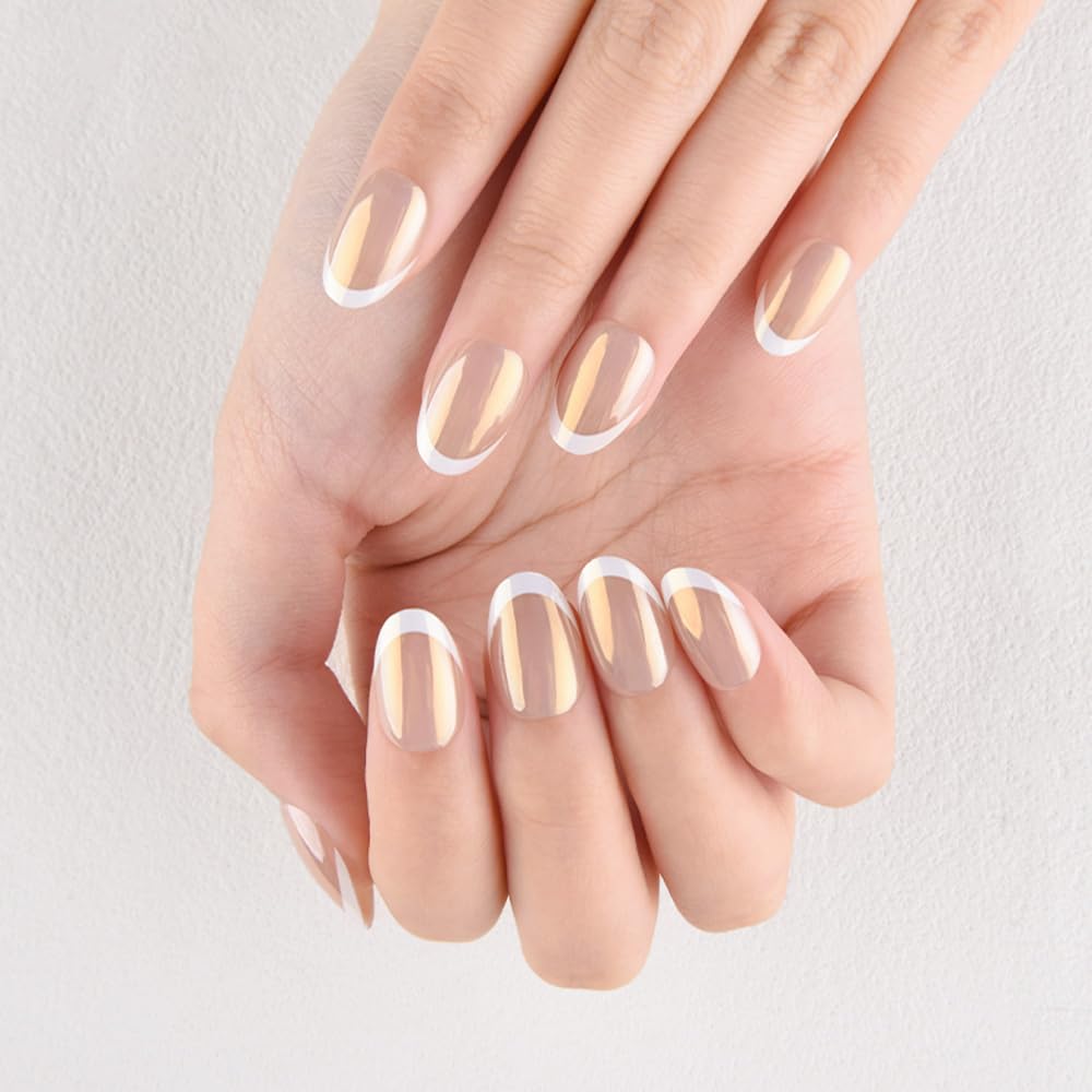 evpct Chrome French Tip Press On Fake Nails Short Ovale, Wihte Tip Nude Glazed Design Solf Gel with Glue Press on Nail for Women Girls Gift, Reusable Glossy Stick on Glue on Nails Salon Qualily