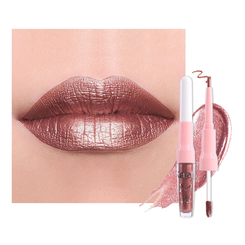 Kaely 2in1 Mauve Metallic Lipstick and Lip Liner, Shimmer Glitter Lip Gloss Long Lasting Waterproof 24 Hours, Pearlescent Sparkly Liquid Lipsticks Stain Makeup for Women, Vegan Formula