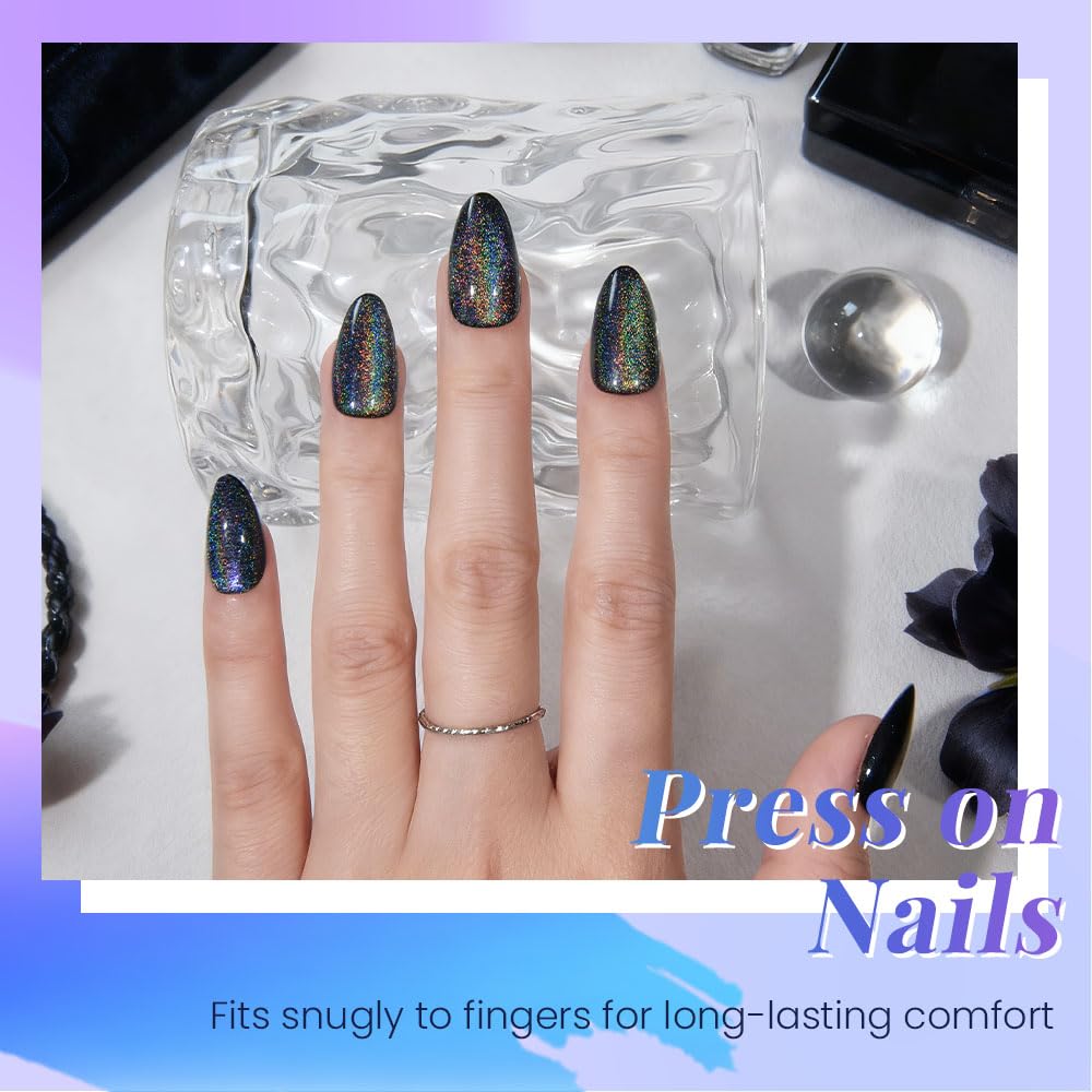 evpct Black Cat Eye Press on Nails Short Almond, Iridescent Colorful Metallic Glitter Glossy Stick on Nail for Women Gift with Kit, Reusable Full Cover Soft Gel Press on Fake Nail with Design
