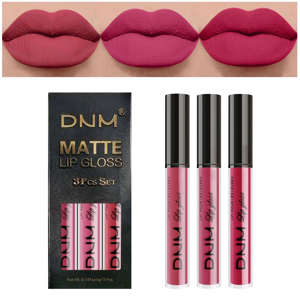 evpct DNM 3Pcs Dark Ruby Fire Red Matte Liquid Lipstick Lip Stain Lipgloss sets for Women 24 Hour Red Matte Lipstick Long Lasting Smudge Proof