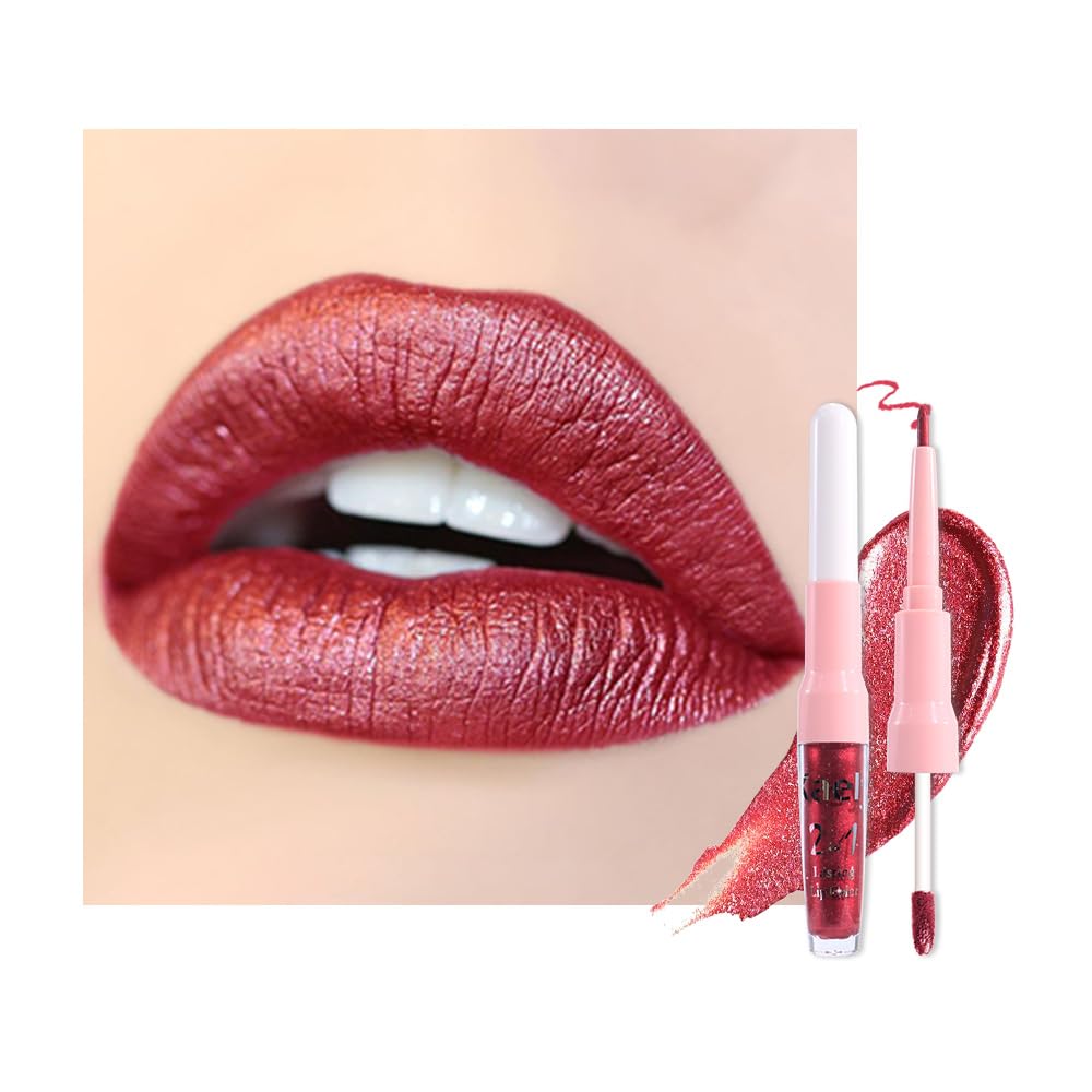 Kaely 2in1 Mauve Metallic Lipstick and Lip Liner, Shimmer Glitter Lip Gloss Long Lasting Waterproof 24 Hours, Pearlescent Sparkly Liquid Lipsticks Stain Makeup for Women, Vegan Formula