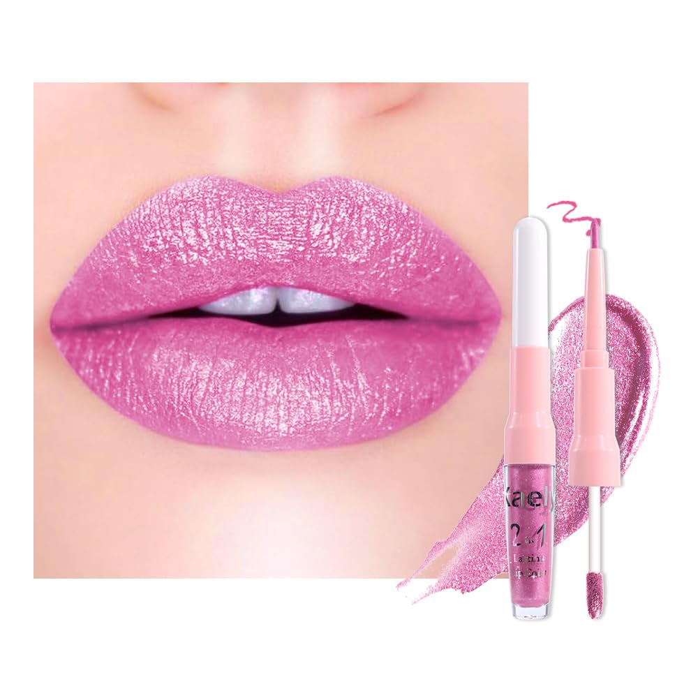 Kaely 2in1 Mauve Metallic Lipstick and Lip Liner, Shimmer Glitter Lip Gloss Long Lasting Waterproof 24 Hours, Pearlescent Sparkly Liquid Lipsticks Stain Makeup for Women, Vegan Formula