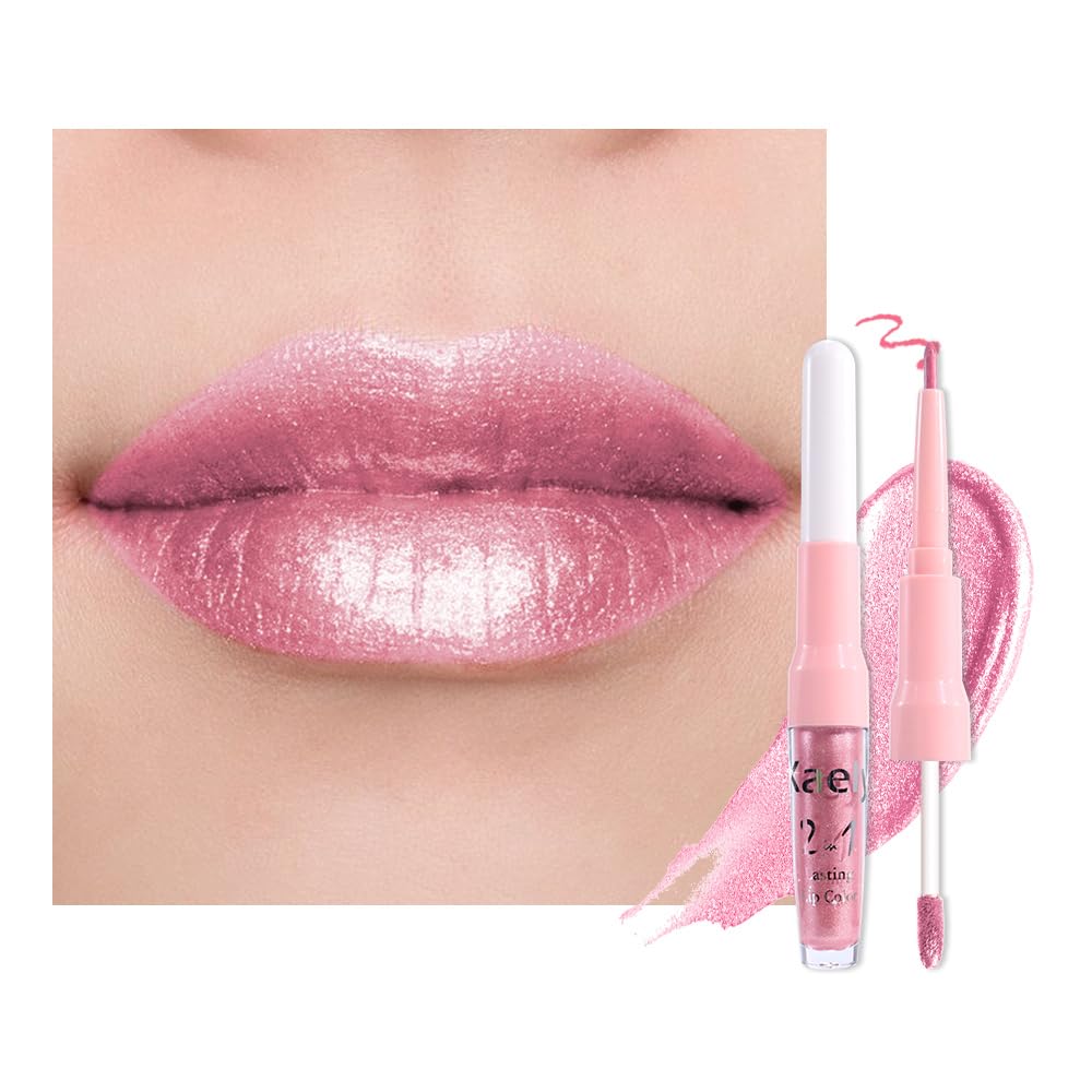 Kaely 2in1 Mauve Metallic Lipstick and Lip Liner, Shimmer Glitter Lip Gloss Long Lasting Waterproof 24 Hours, Pearlescent Sparkly Liquid Lipsticks Stain Makeup for Women, Vegan Formula