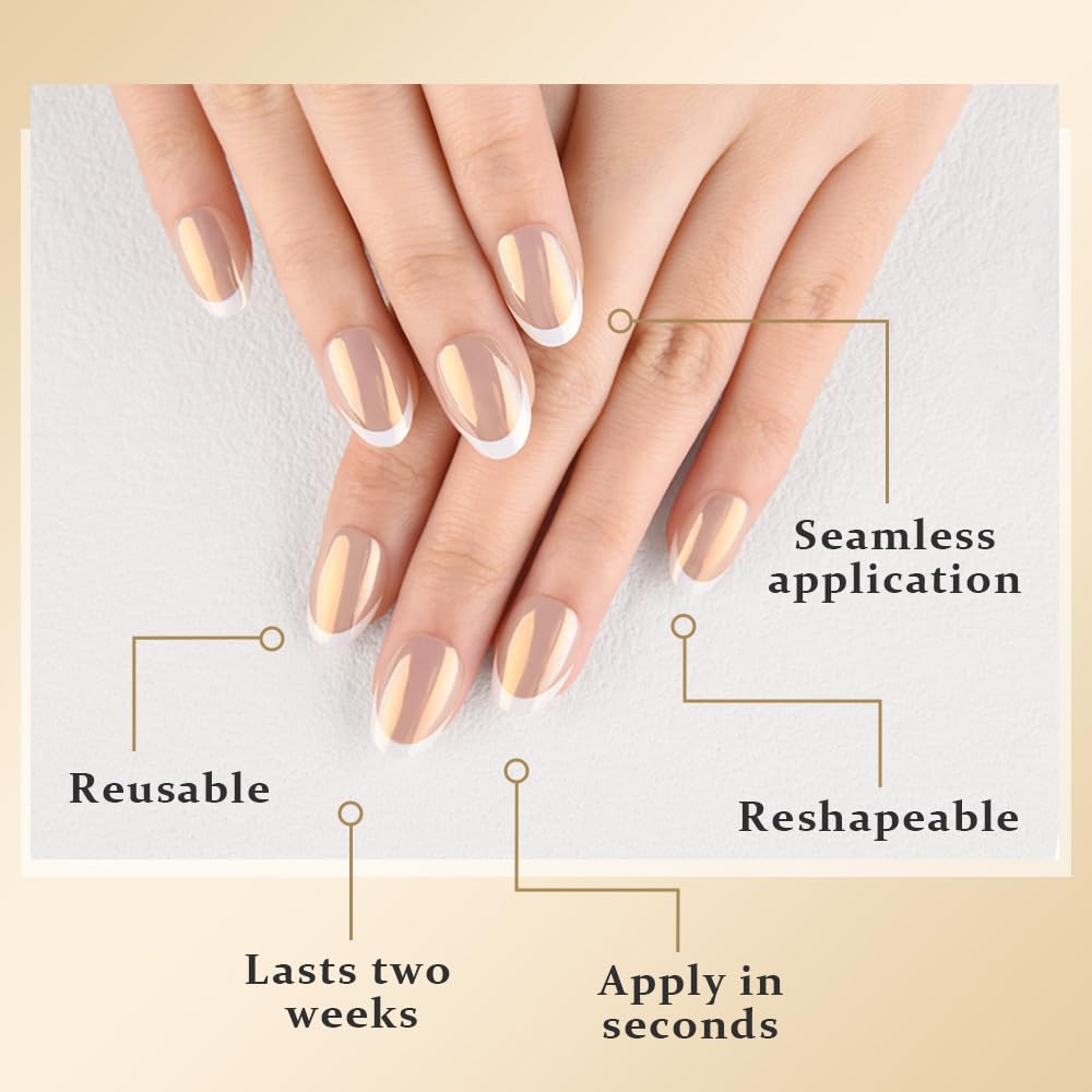 evpct Chrome French Tip Press On Fake Nails Short Ovale, Wihte Tip Nude Glazed Design Solf Gel with Glue Press on Nail for Women Girls Gift, Reusable Glossy Stick on Glue on Nails Salon Qualily