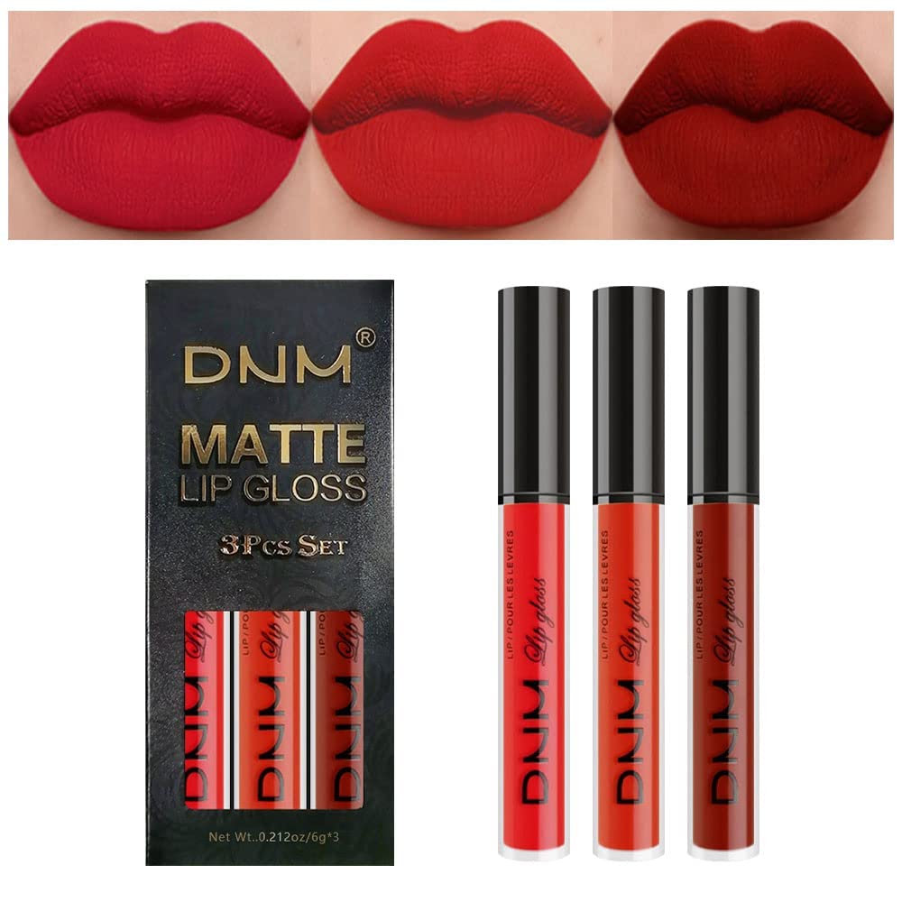 evpct DNM 3Pcs Dark Ruby Fire Red Matte Liquid Lipstick Lip Stain Lipgloss sets for Women 24 Hour Red Matte Lipstick Long Lasting Smudge Proof