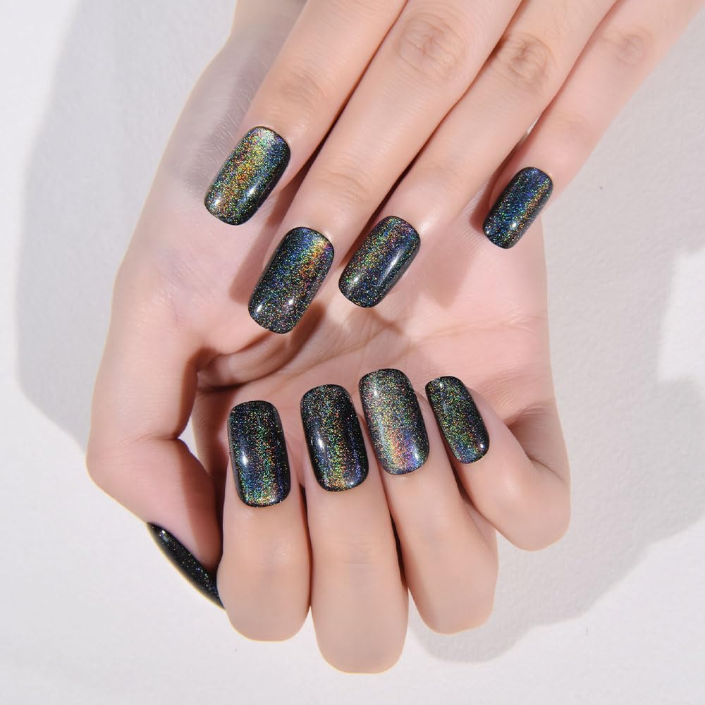 evpct Black Chrome Metallic Cat Eye Press on Nails Square Medium, Glue on Nails Medium Length Square for Women, Black Metallic Nail press ons, Iridescent Glitter Halloween Acrylic Fake Press on Nail