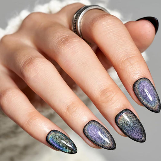 evpct Black Cat Eye Press on Nails Short Almond, Iridescent Colorful Metallic Glitter Glossy Stick on Nail for Women Gift with Kit, Reusable Full Cover Soft Gel Press on Fake Nail with Design