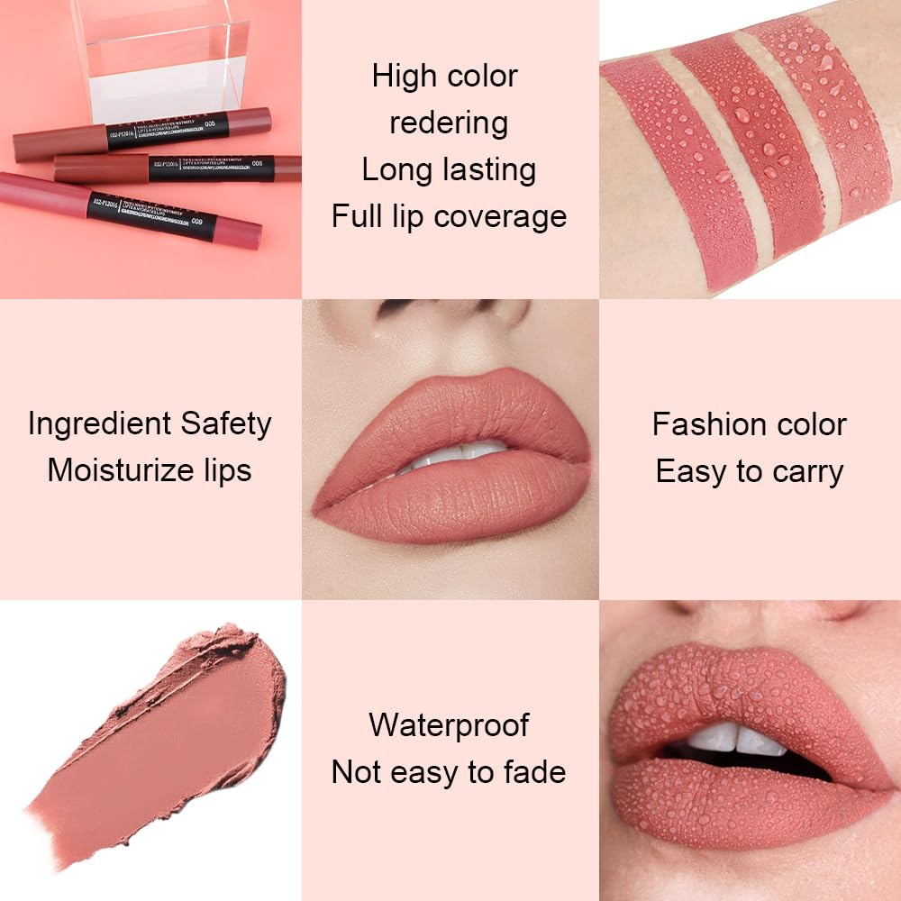 evpct 8Pcs Dark Ruby Red Plum Purple Wine Nude Beige Brown Matte Lipstick and Lip Crayon Liner Pencil Pen Set for Women labial labiales mate magicos 24 horas originales pintalabios permanente 24 horas
