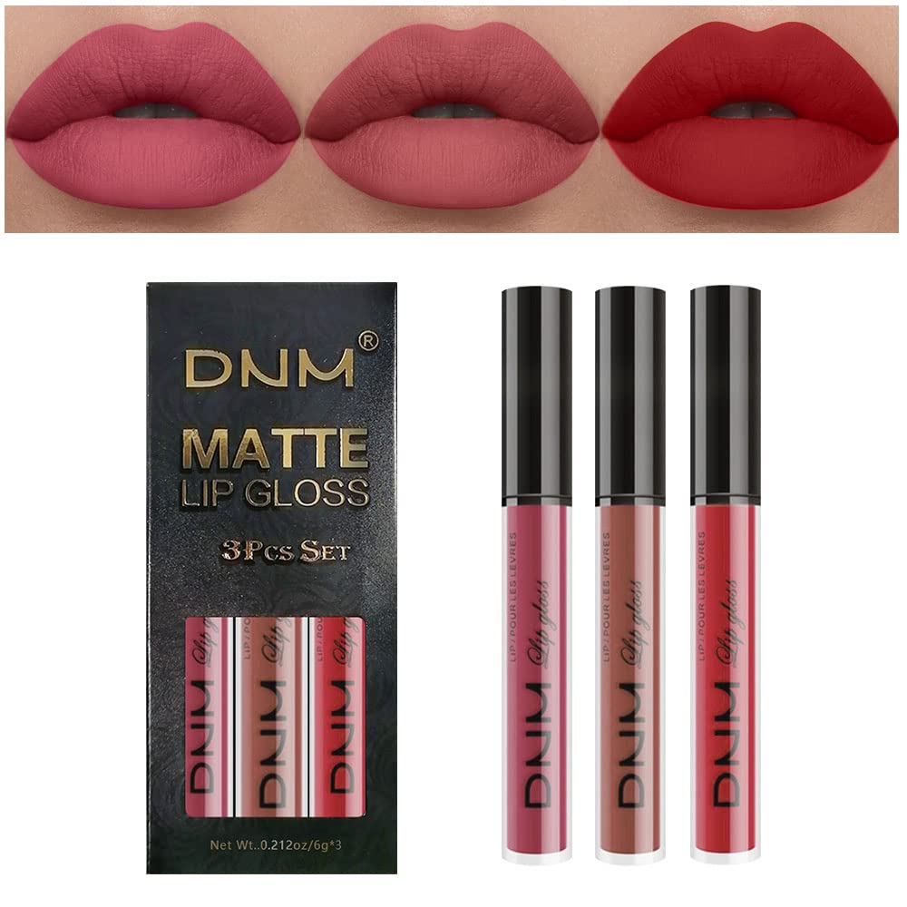 evpct DNM 3Pcs Dark Ruby Fire Red Matte Liquid Lipstick Lip Stain Lipgloss sets for Women 24 Hour Red Matte Lipstick Long Lasting Smudge Proof