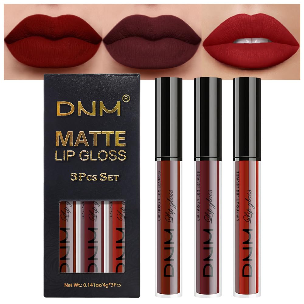 evpct DNM 3Pcs Dark Ruby Fire Red Matte Liquid Lipstick Lip Stain Lipgloss sets for Women 24 Hour Red Matte Lipstick Long Lasting Smudge Proof