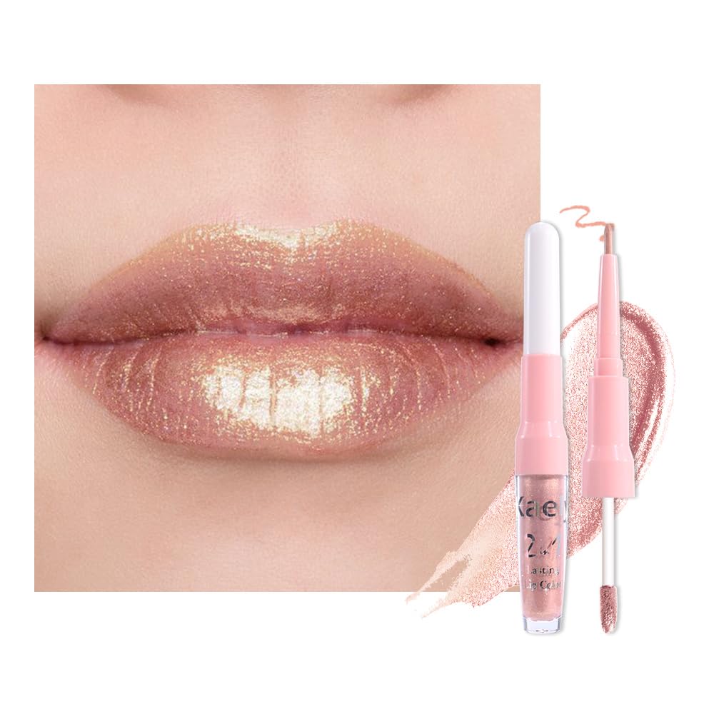 Kaely 2in1 Mauve Metallic Lipstick and Lip Liner, Shimmer Glitter Lip Gloss Long Lasting Waterproof 24 Hours, Pearlescent Sparkly Liquid Lipsticks Stain Makeup for Women, Vegan Formula