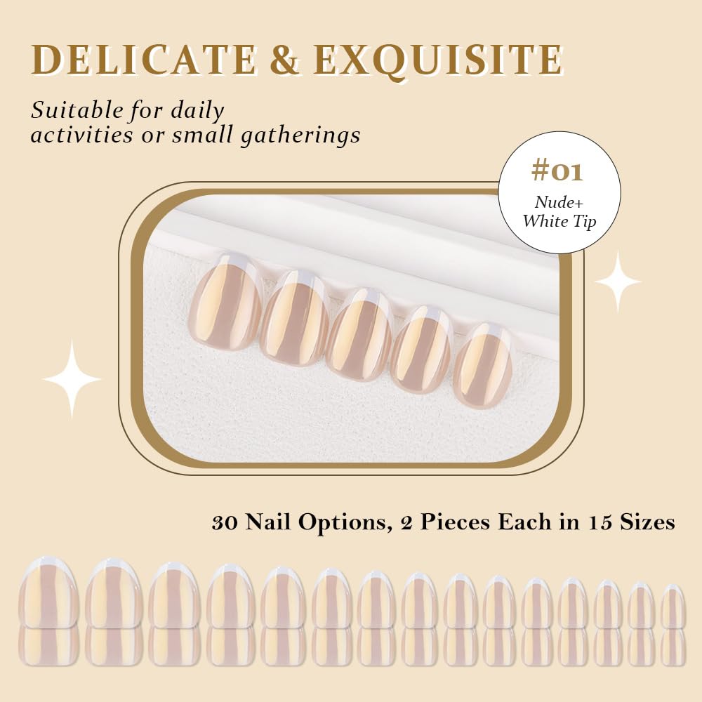 evpct Chrome French Tip Press On Fake Nails Short Ovale, Wihte Tip Nude Glazed Design Solf Gel with Glue Press on Nail for Women Girls Gift, Reusable Glossy Stick on Glue on Nails Salon Qualily