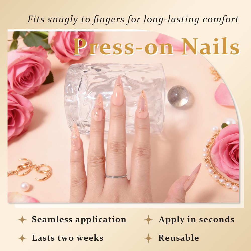 evpct Gold French Tip Press on Nails Almond Medium, Nude Pink + Gold Line Tips, Stick on Nails Medium Almond for Women, Full Cover Perfectly Fit Handmade Soft Gel Artificial Fake False Nail Kit