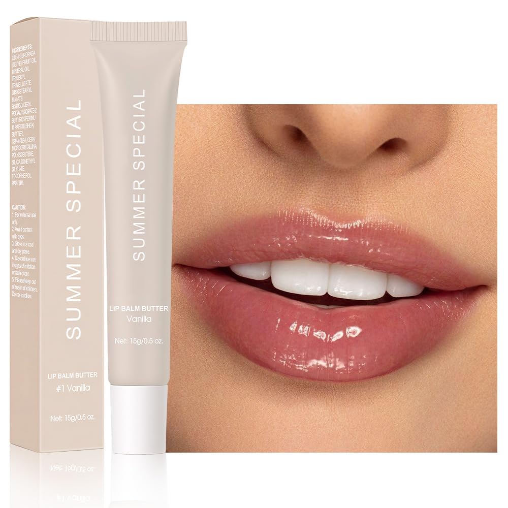4PCS Summer Ultra-Hydrating Lip Butter Balm – Natural Vegan Lip Balm for Instant Moisture, Shine & Hydration, Sheer-Tinted, Soothes & Softens Dry Lips, Taste Vanilla & Mint & lced Coffee & Cake