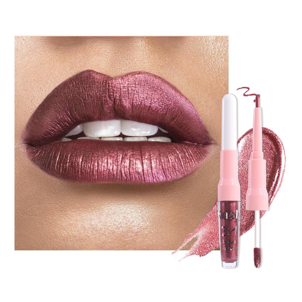 Kaely 2in1 Mauve Metallic Lipstick and Lip Liner, Shimmer Glitter Lip Gloss Long Lasting Waterproof 24 Hours, Pearlescent Sparkly Liquid Lipsticks Stain Makeup for Women, Vegan Formula