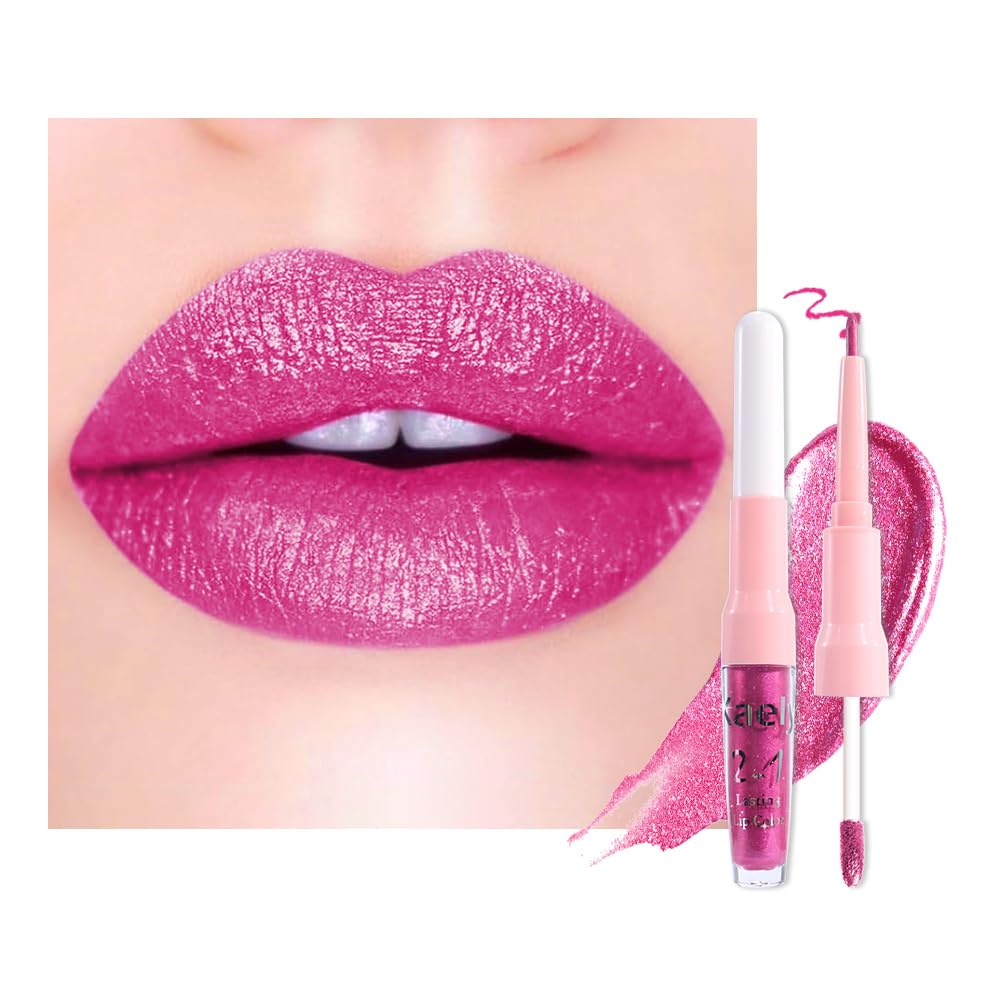 Kaely 2in1 Mauve Metallic Lipstick and Lip Liner, Shimmer Glitter Lip Gloss Long Lasting Waterproof 24 Hours, Pearlescent Sparkly Liquid Lipsticks Stain Makeup for Women, Vegan Formula