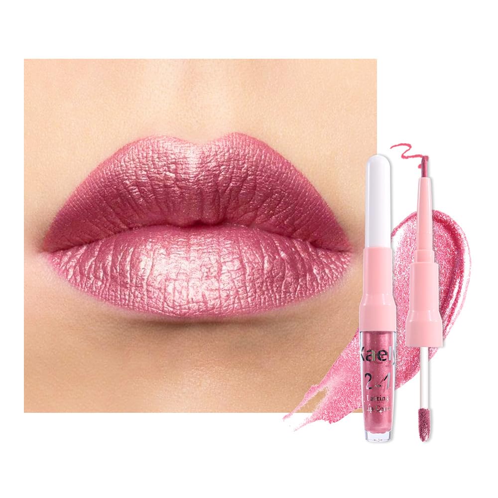 Kaely 2in1 Mauve Metallic Lipstick and Lip Liner, Shimmer Glitter Lip Gloss Long Lasting Waterproof 24 Hours, Pearlescent Sparkly Liquid Lipsticks Stain Makeup for Women, Vegan Formula