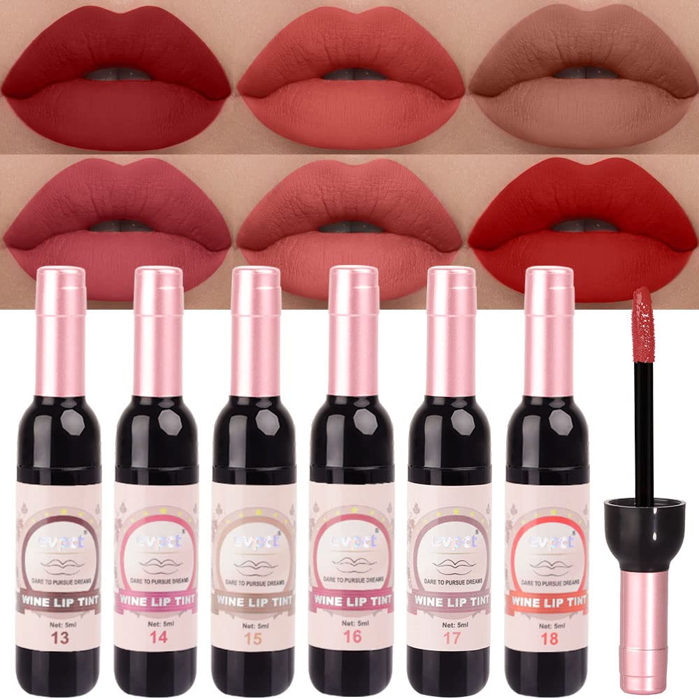 evpct 6Pcs Wine Bottle Lip Tint Stain Set Long Lasting Lipstick 24 hour Waterproof for Women, Ruby Dark Deep Rose Red Plum Purple Brown Matte Magic Lipstick 24 Hours Lipstick Lip Liner Stain Peel off