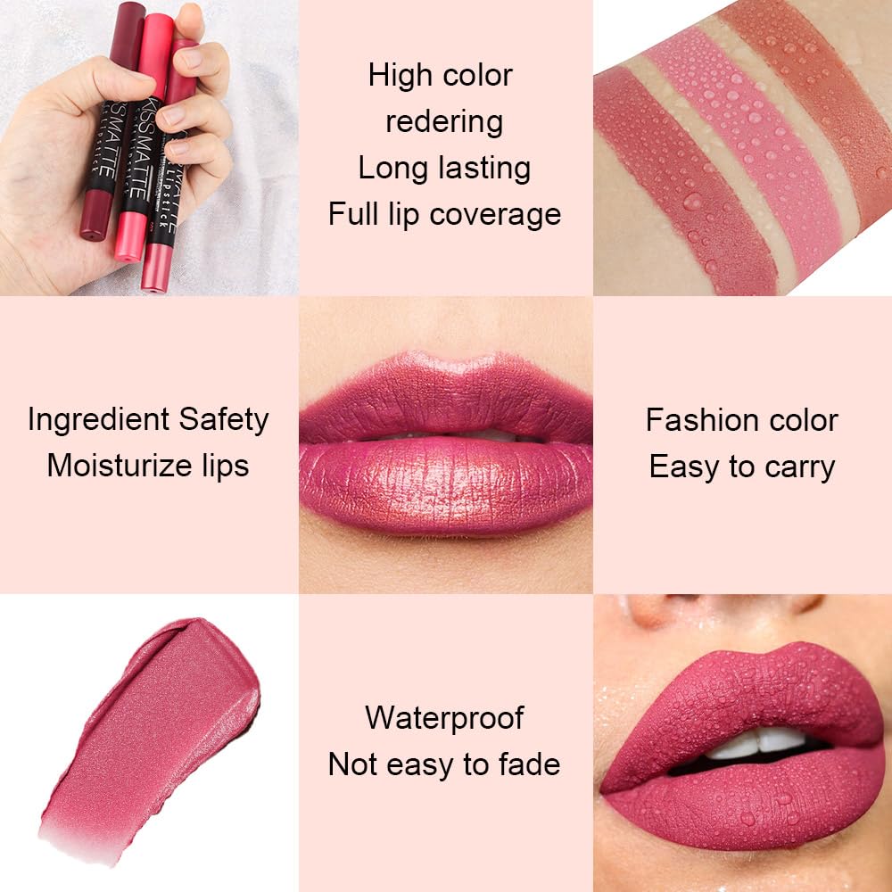 evpct 8Pcs Dark Ruby Red Plum Purple Wine Nude Beige Brown Matte Lipstick and Lip Crayon Liner Pencil Pen Set for Women labial labiales mate magicos 24 horas originales pintalabios permanente 24 horas