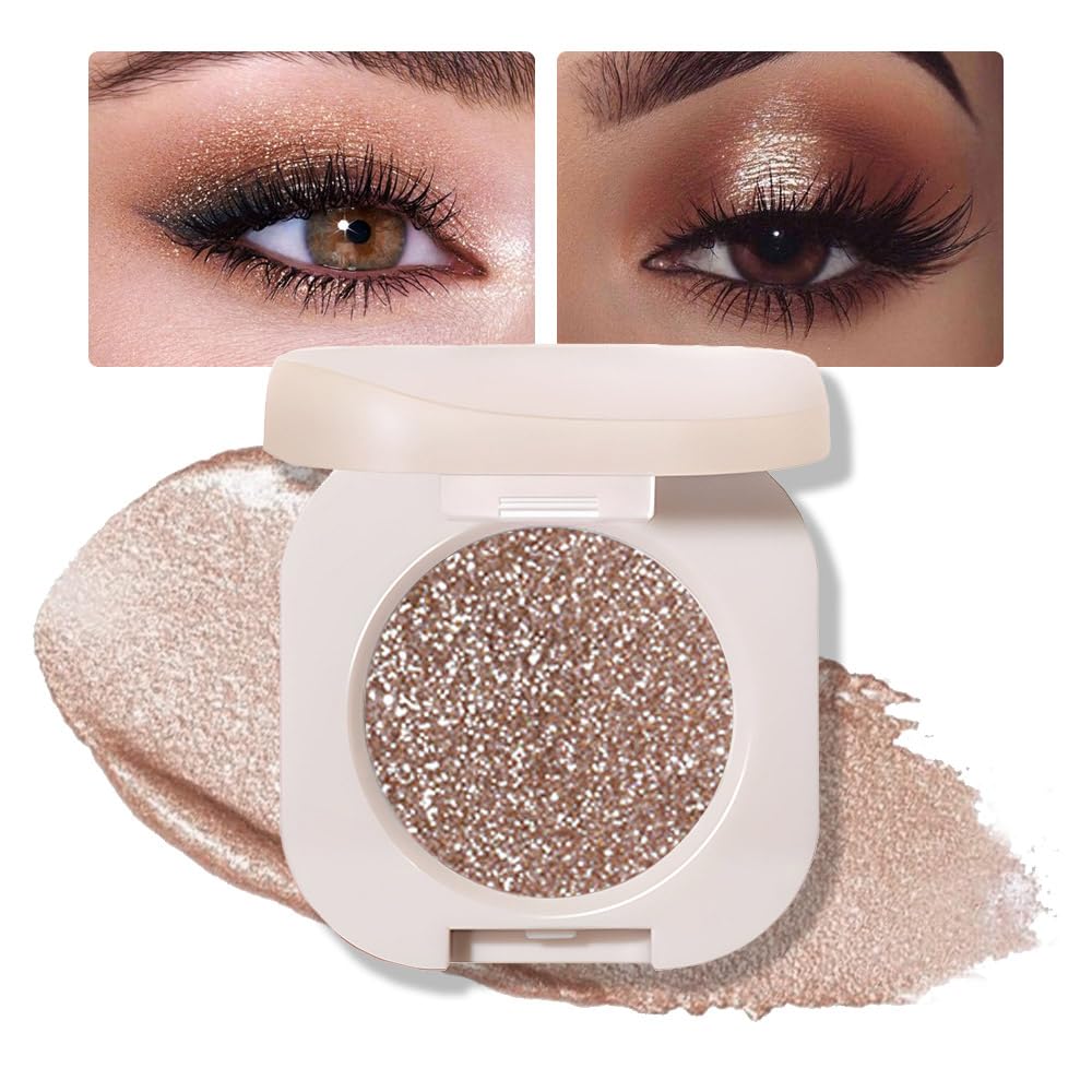 Single Gold Brown Glitter Shimmer Eyeshadow,Bright High Pigment Intense Monochrome Eye Shadow,Buildable Sparkly Eye Glitter Shimmer Finish,24 Hour Eye Makeup Longwear Waterproof,Blendable