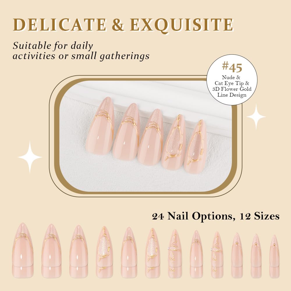 evpct Gold French Tip Press on Nails Almond Medium, Nude Pink + Gold Line Tips, Stick on Nails Medium Almond for Women, Full Cover Perfectly Fit Handmade Soft Gel Artificial Fake False Nail Kit