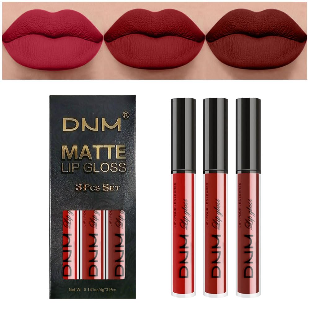 evpct DNM 3Pcs Dark Ruby Fire Red Matte Liquid Lipstick Lip Stain Lipgloss sets for Women 24 Hour Red Matte Lipstick Long Lasting Smudge Proof