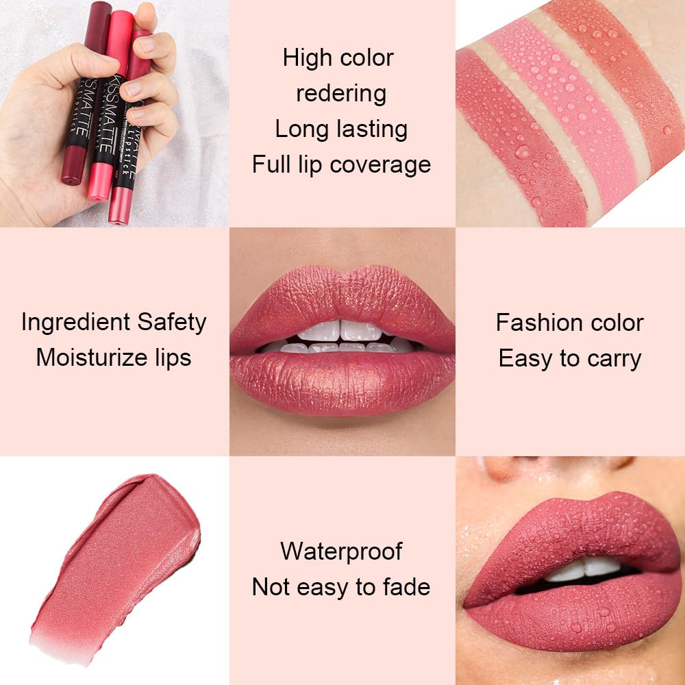 evpct 8Pcs Dark Ruby Red Plum Purple Wine Nude Beige Brown Matte Lipstick and Lip Crayon Liner Pencil Pen Set for Women labial labiales mate magicos 24 horas originales pintalabios permanente 24 horas