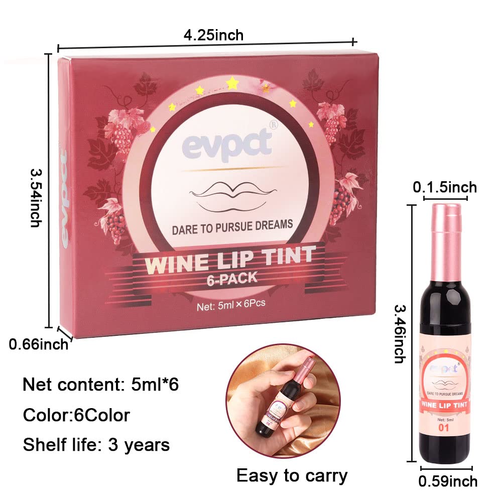 evpct 6Pcs Wine Bottle Lip Tint Stain Set Long Lasting Lipstick 24 hour Waterproof for Women, Ruby Dark Deep Rose Red Plum Purple Brown Matte Magic Lipstick 24 Hours Lipstick Lip Liner Stain Peel off