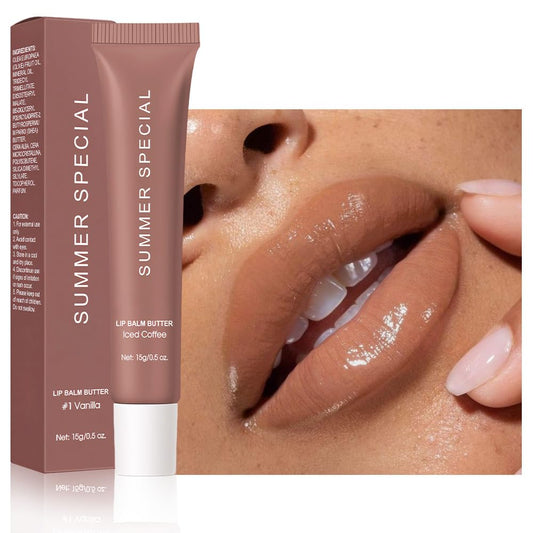 4PCS Summer Ultra-Hydrating Lip Butter Balm – Natural Vegan Lip Balm for Instant Moisture, Shine & Hydration, Sheer-Tinted, Soothes & Softens Dry Lips, Taste Vanilla & Mint & lced Coffee & Cake