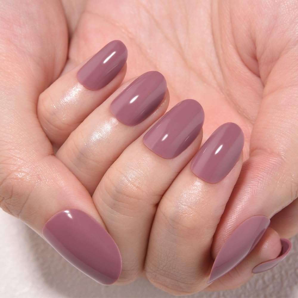 evpct Mauve Real Short Oval Press on Nails for Women, Extra Short Glossy Mauve Fake Nail Salon Quality with Nail Kit Set Kit, Soft Gel Full Cover Reusable Stick on Acrylic False Nails Perfectly Fit