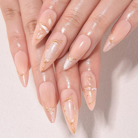 evpct Gold French Tip Press on Nails Almond Medium, Nude Pink + Gold Line Tips, Stick on Nails Medium Almond for Women, Full Cover Perfectly Fit Handmade Soft Gel Artificial Fake False Nail Kit