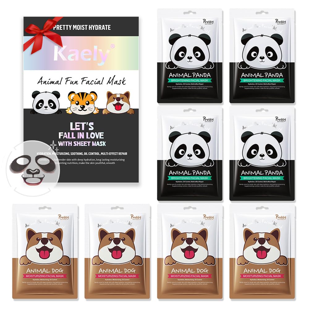 Kaely 8 Pack Animal Character Sheet Masks, Face Masks for Kids Teens Skin Care, Korean Soothe Facial Mask for All Skin Types, Girls Night Skincare Spa Party, Birthday Gifts for Women Men, Set01