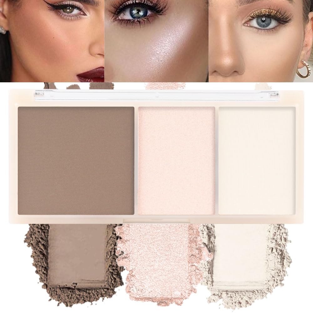 3 IN 1 Brown Nude Face Highlight Bronzer Powder Palette for Face Cheeks Contour Brightening, Buildable Matte Coverage Natural Makeup,Ultra Sculpt Nose Shadow Eyeshadow Primer