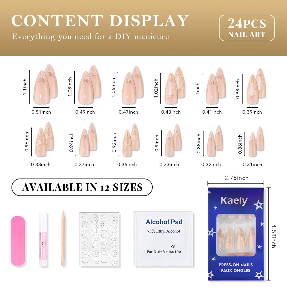 evpct Gold French Tip Press on Nails Almond Medium, Nude Pink + Gold Line Tips, Stick on Nails Medium Almond for Women, Full Cover Perfectly Fit Handmade Soft Gel Artificial Fake False Nail Kit